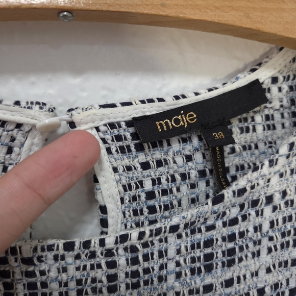 Maje Retrola Tweed Drawstring Waist Blue White Mini Dress Pockets Size 38 - Picture 3 of 16